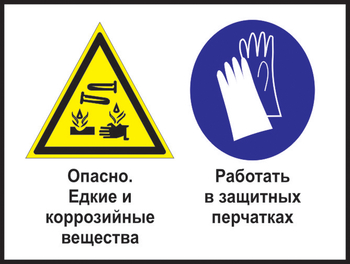 Кз 64 опасно - едкие и коррозийные вещества. работать в защитных перчатках. (пластик, 400х300 мм) - Знаки безопасности - Комбинированные знаки безопасности - Магазин охраны труда Протекторшоп