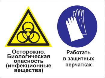 Кз 73 осторожно - биологическая опасность (инфекционные вещества). работать в защитных перчатках. (пленка, 400х300 мм) - Знаки безопасности - Комбинированные знаки безопасности - Магазин охраны труда Протекторшоп